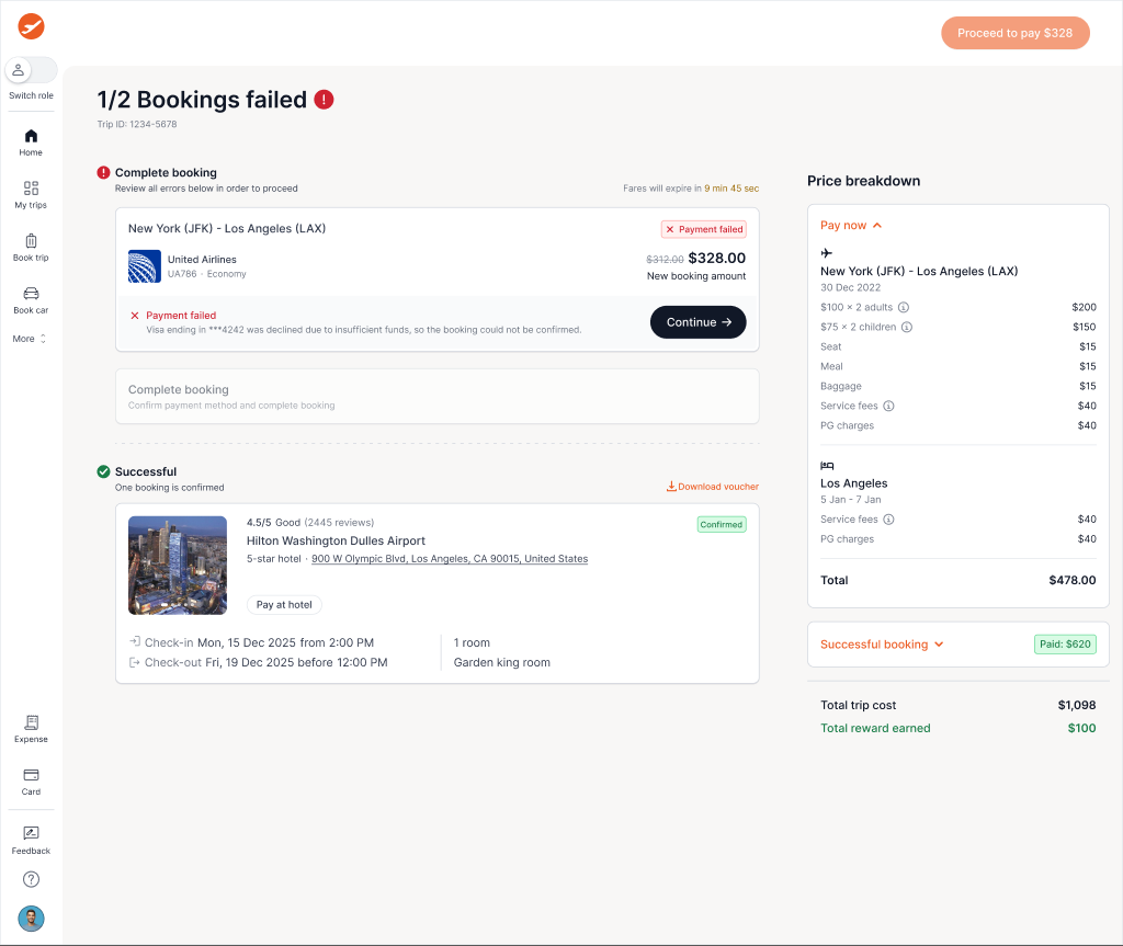 Retry Failed Bookings — post-booking summary